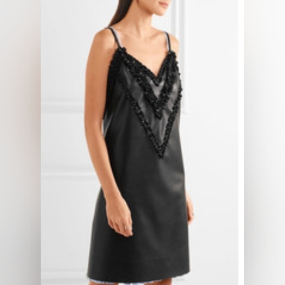 Cedric charlier faux leather ruffled trim dress .